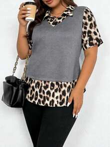 Neue elegante Große Größen Damen Einfarbig & Leopardenmuster Patchwork 2 in 1 Kragen Knopf Lässig T-Shirt - Dunkelgrau - Übersicht 3