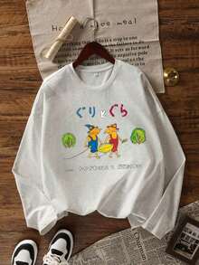 Cartoon Print Gray Round Neck Long Sleeve T-Shirt For Women, Casual Loose Versatile Top, Spring/Autumn - Light Gray - View 4