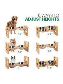 Adjustable Bamboo & Wood Pet Bowl Stand For Small/Medium Dogs & Cats, Raised Feeder Holder For Dog/Cat Food & Water Bowls