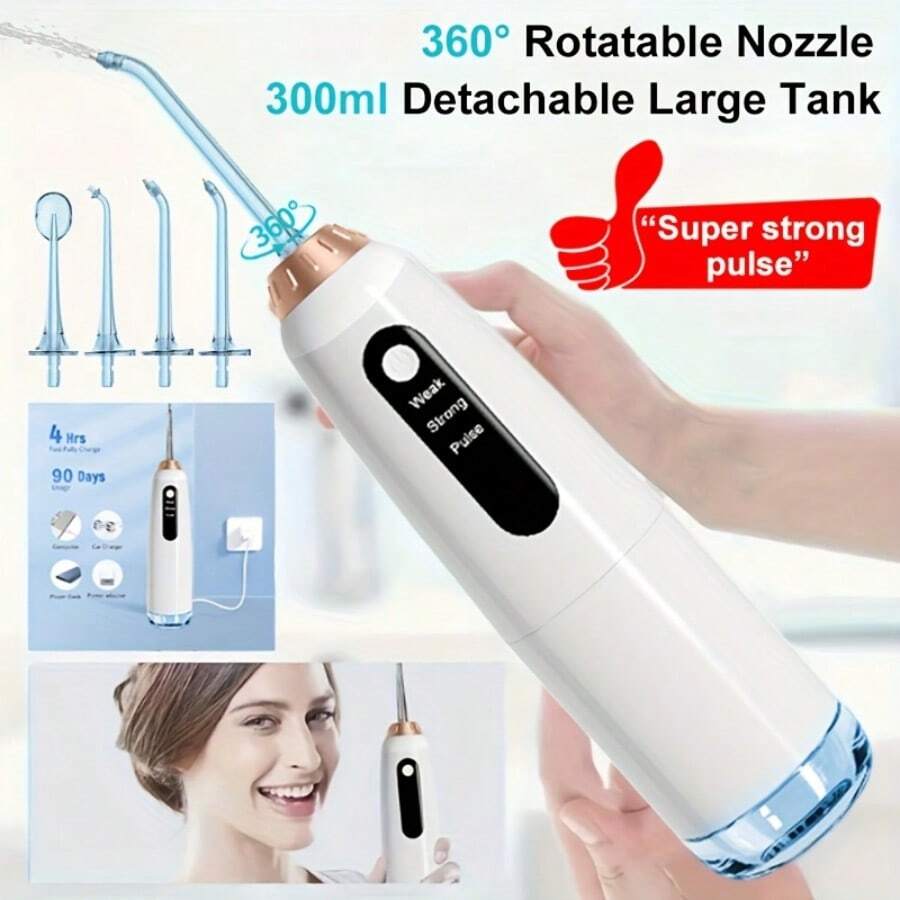 Electric Water Flosser, Portable Oral Irrigator With 3 Modes And 4 Nozzles, Wireless USB Battery Charging Water Teeth Cleaner For Travel, Home Braces And Dental Care, Suitable As Holiday Gift - 白色 - 查看 1