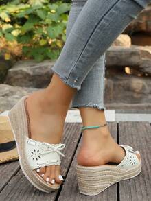 女士草编坡跟绳露趾拖鞋，厚底增高凉鞋，适合夏季户外穿着 - 白色 - 查看 3