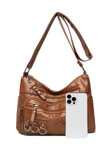 Bolso bandolera de gran capacidad versátil y portátil, accesorio de anillo de hierro remachado de PU, regalo retro para mujer - Marrón - Ver 8