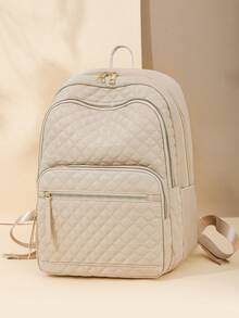 Ransel Wanita Bahan Nylon Warna Polos Berbahan Quilted, Kapasitas Besar, Serbaguna, Ransel Minimalis Kasual untuk Pelajar, Tas Perjalanan, Tas Komuter - Krem - View 6