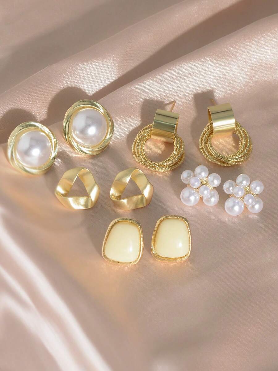 5件套简约婚礼/派对/日常佩戴耳环套装，小巧复古扭曲三角形耳环，奢华哑光个性化耳环套装 - 彩色 - 查看 1