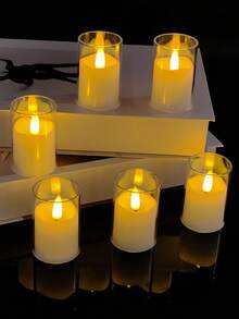 6pcs Transparent Glass Flameless Small Candles With Remote Control Timer, Real Wax Material, LED Flickering Effect, Suitable For Wedding, Home Decor, Holiday, Party, Candle Warmer, Gift - Transparent - View 2