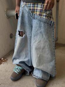 [Outfit de moda]Jeans de Tiro Alto Superlargos con Cuadros Deconstruidos y Rotos para Hombre/Mujer, Corte  y Estilo Urbano Desafiante - Una Fusión de Patrones - Azul - Ver 3