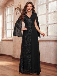 YISIKADO Elegantes Paillettenkleid mit Chiffon-Kontrast, Abendparty, Hochzeitsgast, Brautjungfer, Bankett, Abschlussball, Damenkleid - Schwarz - Übersicht 1