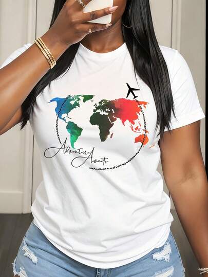 Adventure Awaits World Map Travel Inspired Graphic T Shirt For Women Casual Summer Outfit With Airplane Design And Colorful Continents Print