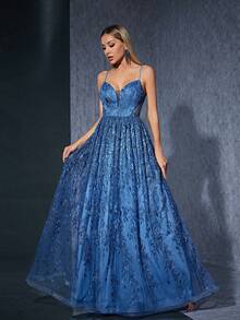 吊带V领中腰薄纱刺绣蕾丝褶皱长裙，优雅派对礼服 - 藍色 - 查看 3