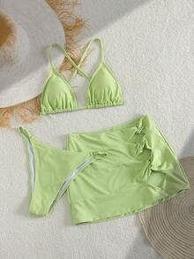 New Fresh And Simple Style Green Lace-Up Back Fashion Holiday Beach Ladies Bikini Three Pieces Set - Lime Green - View 5