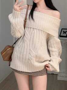Autumn/Winter Sweet Girl Twist Cable Knit Off-Shoulder Long Sleeve Off Shoulder Loose Fit Thick Sweater Top - White - View 2