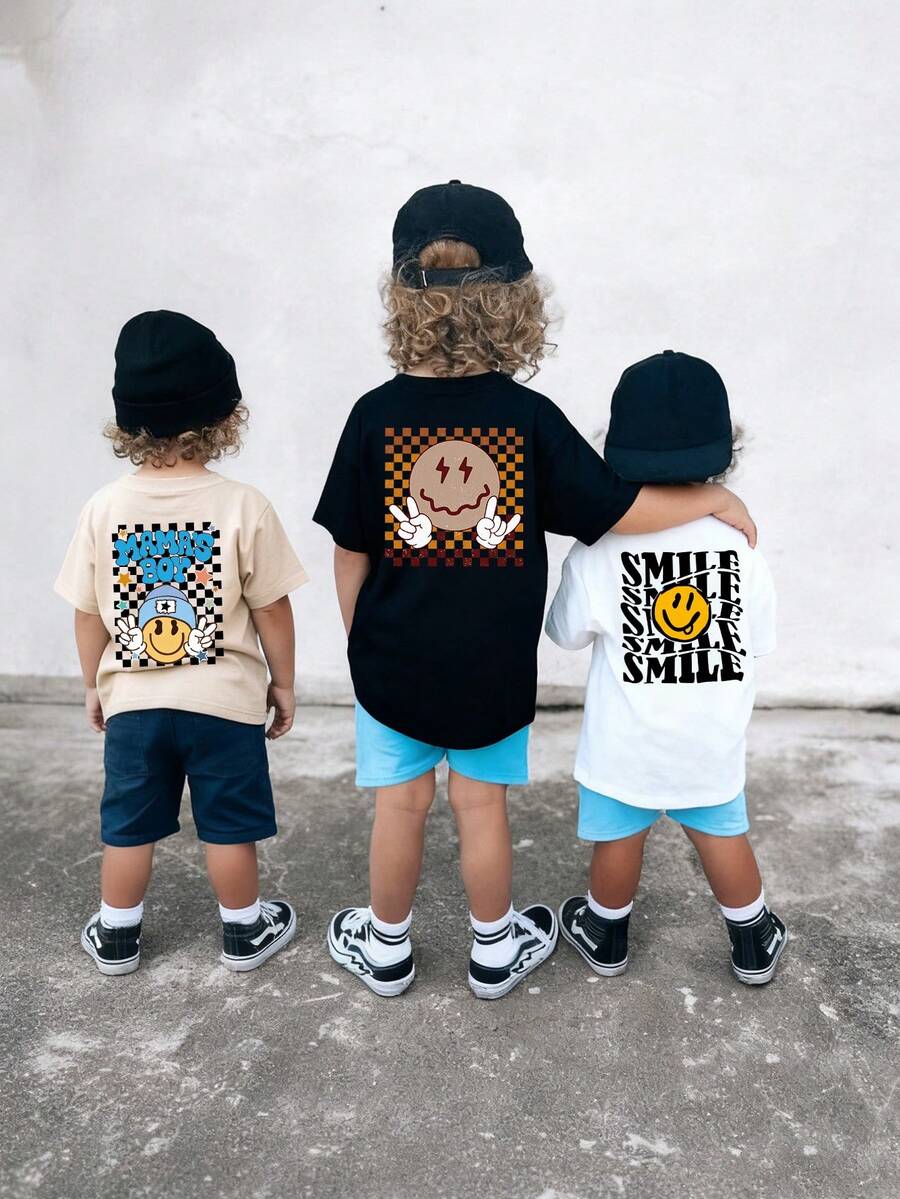 3件装男婴休闲笑脸印花圆领短袖T恤，夏季童装 - 引人注目的T恤，为每个孩子带来欢乐和幸福！ - 黑色 - 查看 1