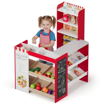 MAMIZO Kids Pretend Play Grocery Store Playset, Wooden Supermarket Toy Set, Toddler Market Checkout Stand With Chalkboard, Cash Register, Display Shelves, Play Food Accessories