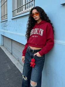 Sudadera corta con capucha y cordón con estampado de letras - Rojo - Ver 5