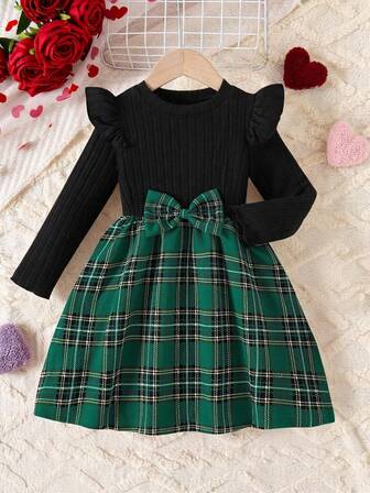 Young Girls Valentine's Day Bow Decor Long Sleeve Round Neck Dress
