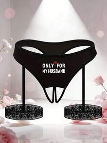 女士性感字母玫瑰印花无裆丁字裤，带腿部吊袜带，舒适时尚 - 黑色 - 查看 2