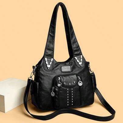 时尚简约多口袋铆钉装饰复古优雅休闲斜挎单肩包，适合街头、旅行和日常穿着