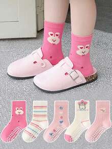 5 Pasang Kaos Kaki Lantai Anak dengan Motif Kelinci & Bunga 3D, Sol Anti Selip, Bagian Bawah Lembut, Kaos Kaki Setengah Betis Bergaris untuk Anak Laki-laki, Perempuan, Balita, dan Bayi - MultiWarna - View 2
