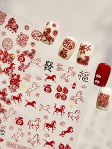 1pc Horse Year Chinese New Year Window Paper Cut Lucky Bag Fortune Gold Ingot Fireworks Auspicious Clouds 5D Nail Art Stickers Festive Press-On Manicure For Women Self-Adhesive Red Gold Matte Nail Decor For Spring Festival Holiday Celebration - Multicolor - View 6