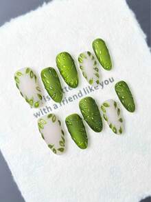 10片椭圆形手工按压式美甲贴纸，绿色哑光叶子图案，3D凝胶美甲贴纸，猫眼美甲贴纸，闪光美甲贴纸，可爱风格，适合女性，节日、派对、日常佩戴 - 彩色 - 查看 4