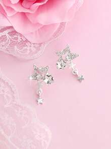 1 Pair Fashionable Petite Sparkling Star Stud Earrings For Women, Suitable For Daily Wear - Silver - View 5