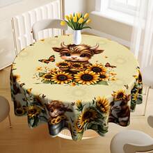 1pc Sunflower & Cute Cow Dining Table Cloth, Warm & Adorable, Easy To Clean, Polyester Material, Suitable For Family Gathering, Easter Party, Decoration, Indoor/Outdoor Use (Picnic, Wedding) - Multicolor - View 6