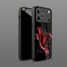 1 pieza Funda de teléfono de material de vidrio con patrón de lirio rojo sobre fondo negro vintage, de alta gama y elegante, adecuada para vidrio templado de Apple