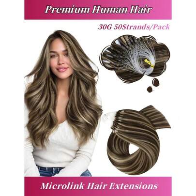 Micro Beads Hair Extensions Real Human Hair Balayage Medium Brown To Light Brown With Blonde Microlink Hair Extensions Long Straight Invisible MicroLink No Glue Needed No Damage For Women 30G/50S 12-22 Inch