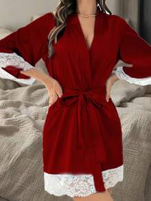 Satin Lace Trim Women's Robe, Bridal Robe Bridesmaid Gift, Lace Tie Waist Casual Robe, Summer Robe, Back To School Robe - Black - View 7