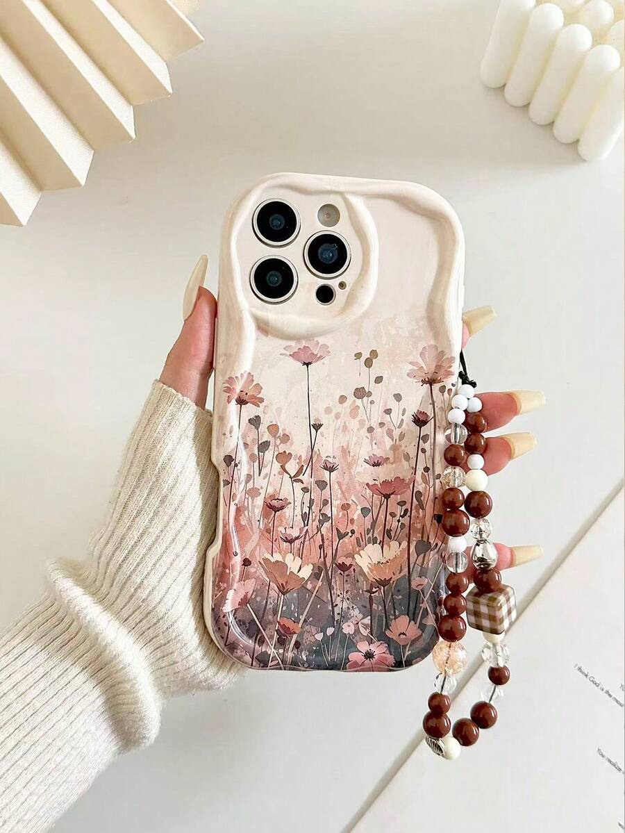 奶油色纹理波浪边亮面油彩碎花图案防摔手机壳，配串珠手链配件，兼容 17 Pro/17 Air/17/17 Pro Max/16/11/16 Pro/16 Plus/16 Pro Max/16 e/15 Pro Max/13/14/12/XS/XR/7G/8P，Galaxy S25/S25 Plus，11/12 Pro/12/12 X/13 Pro/14 Pro/15 Pro，10/9/Note9/12c/Note11 Pro/Note8 Pro，国际版，非国内版