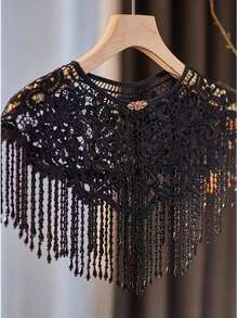 1 chiếc khăn choàng kiểu Trung Quốc màu đen ren đính cườm và tua rua, khăn choàng ren đính cườm tan trong nước tinh tế, thêu hoa, khăn choàng bolero đa năng viền ren 3D cổ điển lãng mạn, thích hợp cho các lễ hội. - Ren đen - Xem 3