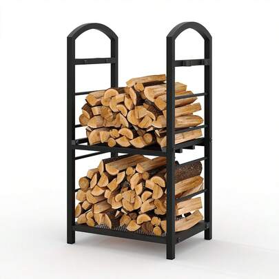30 Inch High Firewood Rack Outdoor, Indoor Wood Rack For Firewood, Fire Wood Storage With Kindling Hooks, Heavy Duty Metal Logs Racks Storage Organizer For Fireplace Deck Outdoor, Copper