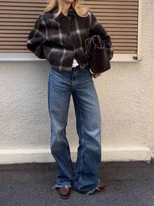 女士格子羊毛休闲西装外套，饰有滚边，适合圣诞节和新年、秋冬春季的商务着装。 - 棕色 - 查看 5