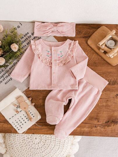 2件套新生女婴碎花圆领长袖上衣和高腰裤套装，适合日常穿着