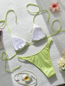 Women's Solid Shiny Fabric Sexy Backless Tie-Up 3D Floral Bikini Set, Suitable For Beach, Pool, And Holiday Wear In Spring/Summer Vacation - Lime Green - View 7