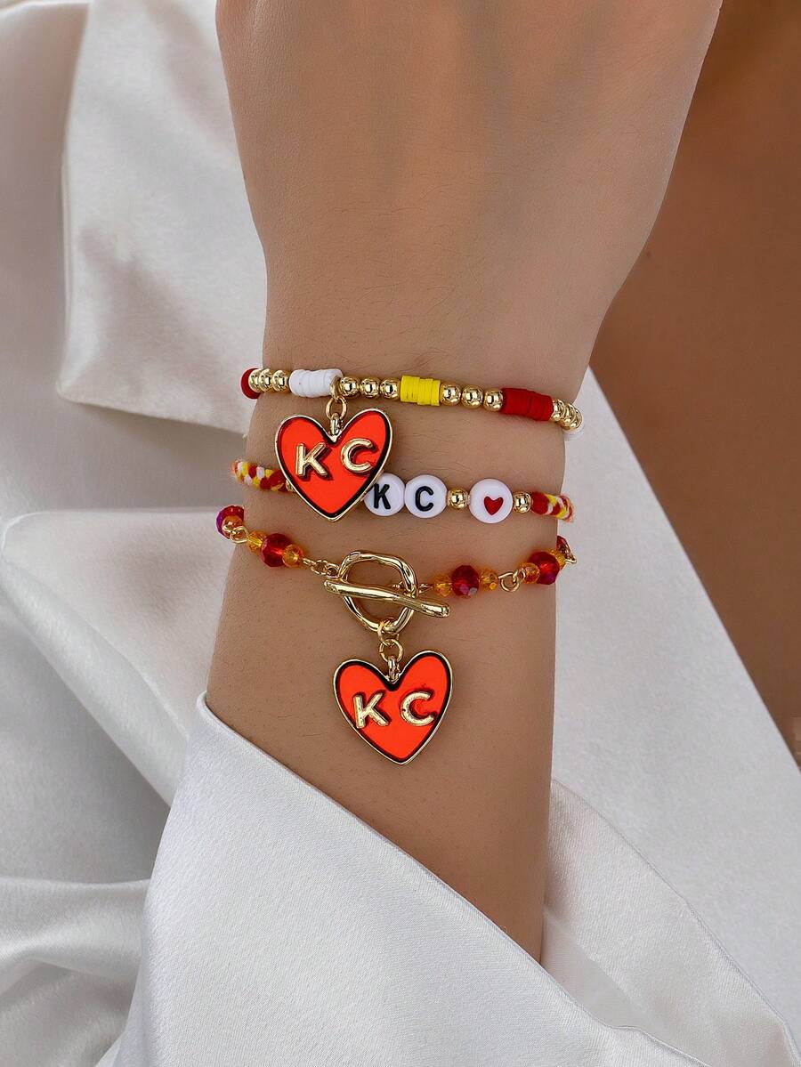一套 KC 字母堪萨斯城酋长队比赛日手链，美式橄榄球比赛日手链饰品，KC 队手链 - KC吊墜手鍊套裝 - 查看 1