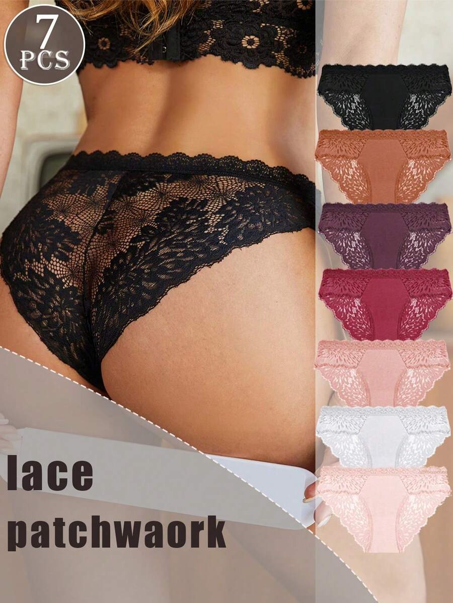 7pcs/Pack Women's Lace Patchwork Breathable Low-Rise Briefs Panties - Multicolor - View 1