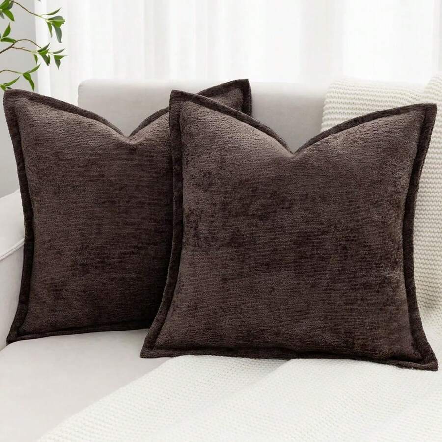 1pc Comfortable Solid Color Chenille Pillow Case, Soft Square Sofa Cushion Cover, Bohemian Style Home Sofa Decorative Throw Pillow Cover - Brown - View 1