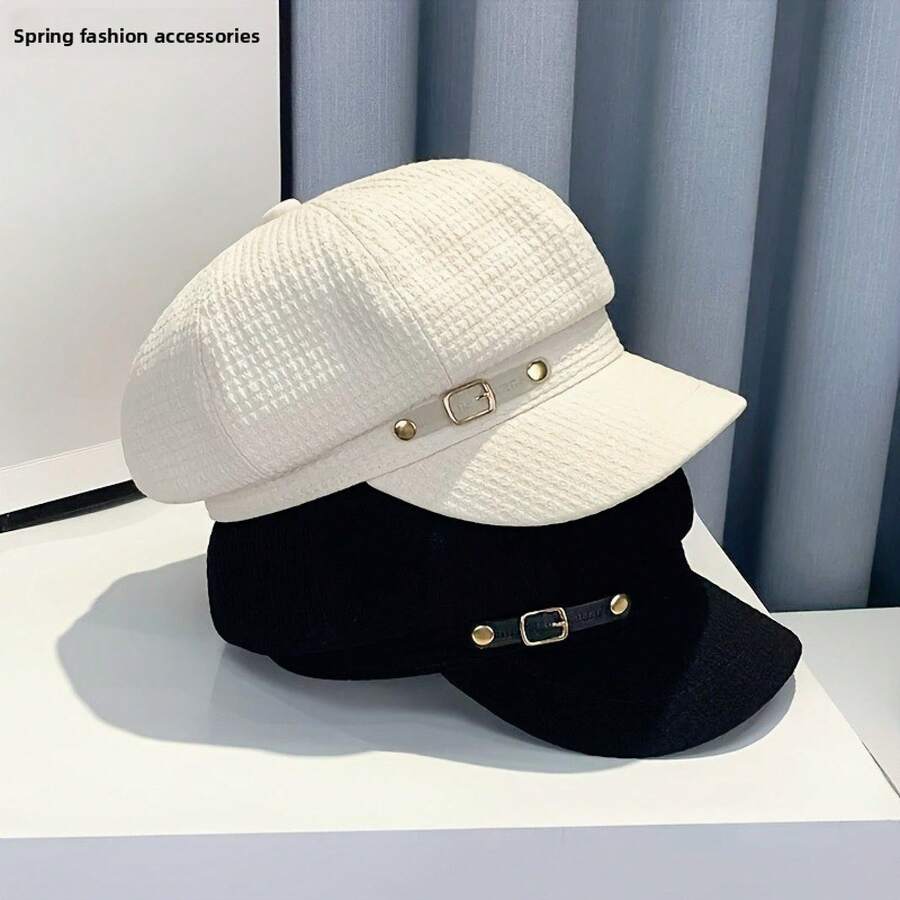 Women's Elegant Octagonal Beret - With Belt Buckle, Fashion Duckbill Hat, Creative Design, Artist Hat, Sun Protection, Spring Fashion Accessory | Elegant Buckle Details Suitable For Daily Commuting To Work AWMO - màu đen - Xem 1