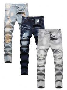 [3pcs Of Jeans]Tween Boys' Casual Slim-Fit Denim Jeans,Distressed Skinny High-Quality  Jeans,Straight Leg Casual Pants,Suitable For 8-16 Year Old Size - Blue - View 11