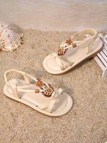 1 Pair Girls' Open Toe Sandals, Faux Pearl Flower Woven Strap Decor, PU Material, Soft & Easy To Wear, Low-Top Design, Closure, Flat Style, Delicate & Sweet, Suitable For Daily Wear And Holiday Occasions - Apricot - View 2