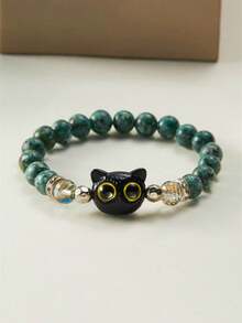 2条装ins风编织手链，配黑色小猫吊坠，情侣及闺蜜礼物 - 黑綠色 - 查看 8