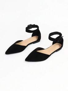 Elegant Women's Spring Ankle Strap Ballet Flats, Pointed Toe Buckle Decor, Suitable For Office Commute And Daily Wear - Black - View 4