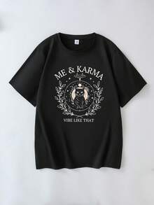 Plus Size Women's Round Neck Cat Letter Print Casual Versatile Commuting Short Sleeve T-Shirt - Black - View 8