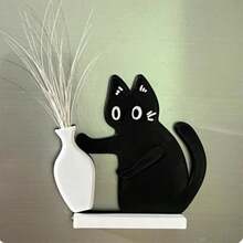 1个创意黑猫推瓶磁性冰箱贴，猫须冰箱贴，插花冰箱贴，装饰摆件，治愈系桌面摆件，宠物爱好者收藏品 - 黑與白 - 查看 7