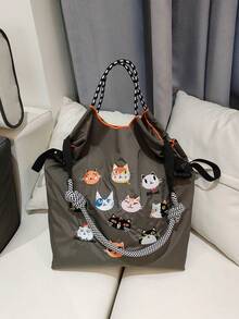 1pc Fashionable & Versatile Embroidered Cartoon Cat Pattern Lightweight Nylon Tote Bag, Foldable Shopping Bag - Multicolor - View 7