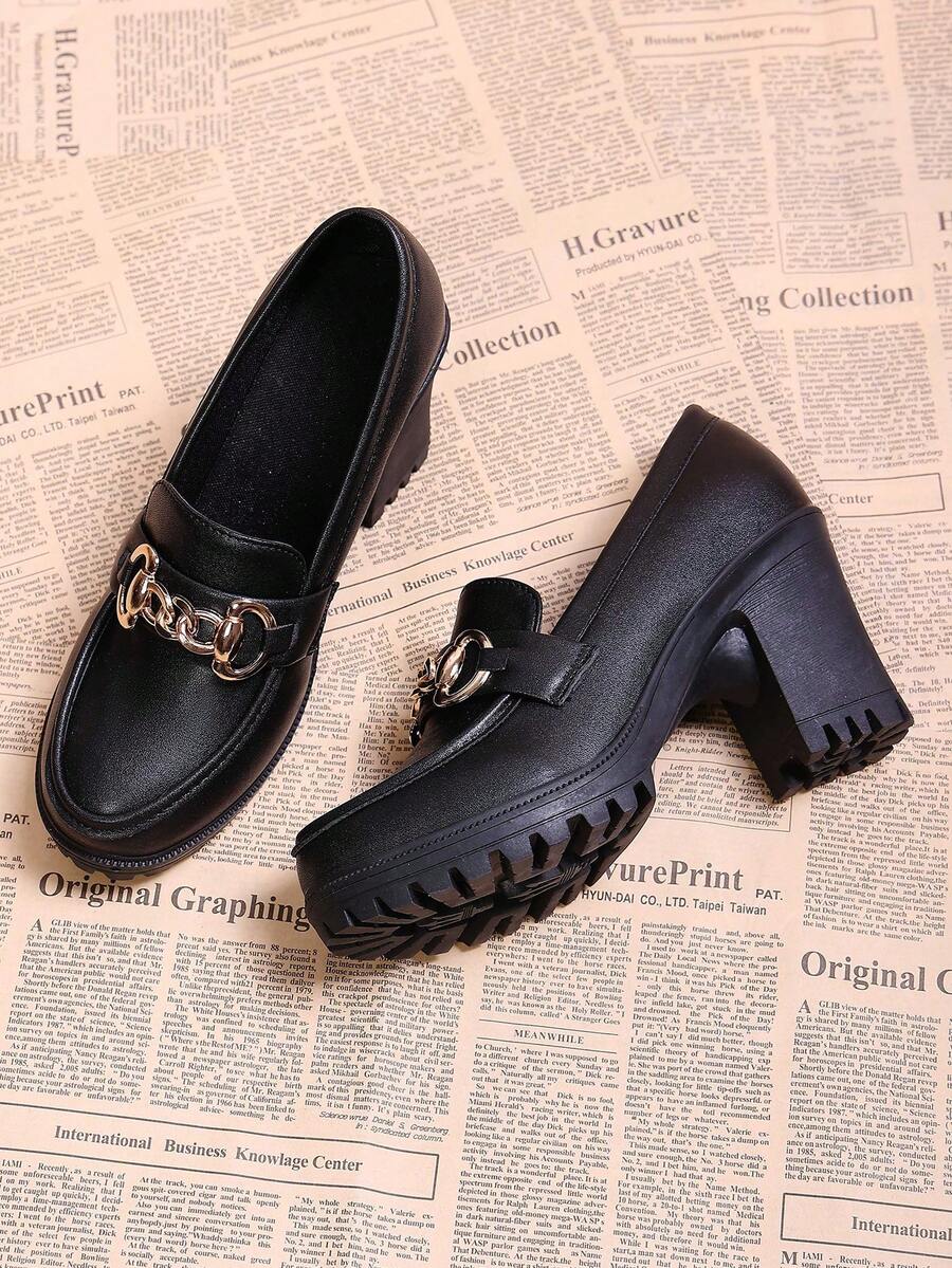 Giày lười đế dày khóa kim loại màu đen kiểu retro mùa xuân sớm 2026, giày đế xuồng chống thấm nước phong cách vintage gợi cảm dành cho nữ. - màu đen - Xem 1