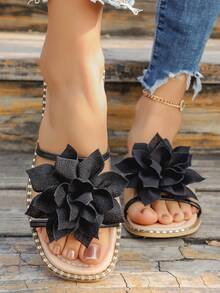 Sandálias rasteiras pretas com laço e estampa floral, versáteis para praia, férias, deslocamento diário e uso interno. Ideais para mulheres. - Preto - Ver 2