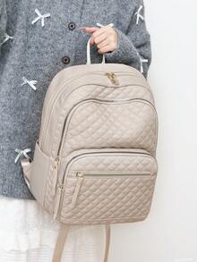 Ransel Wanita Bahan Nylon Warna Polos Berbahan Quilted, Kapasitas Besar, Serbaguna, Ransel Minimalis Kasual untuk Pelajar, Tas Perjalanan, Tas Komuter - Krem - View 3