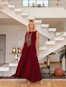 Long Dress In Viscose/Lycra Blend With Side Pockets. - 紅木色 - 查看 6